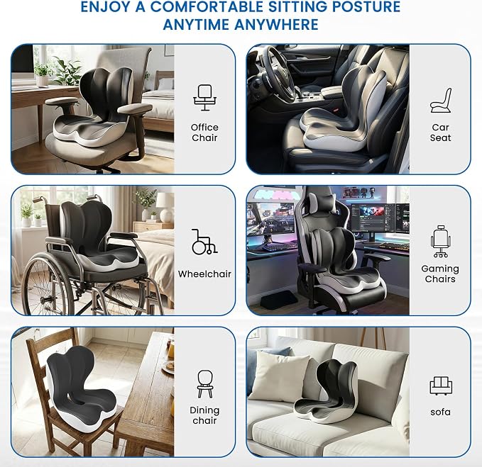 Car Seat Cushion Reducing Sciatica Pressure, Back & Tailbone Comfort | Hollow Design for Coccyx, Double-Sided Anti-Slip, L-Shaped Ergonomic Memory Foam Lumbar Cushion, Suitable for Long Sitting