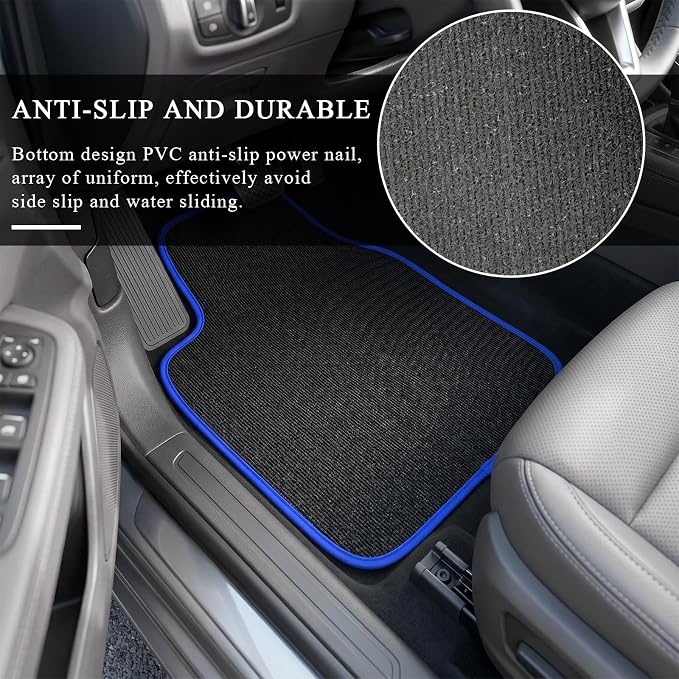 4PCS Car Floor Mats, Anti-Slip Waterproof Car Carpets with Safety Heel Pad, Heavy Duty Floor Mat for All Weather Protection, Universal Trim to Fit for Sedans Trucks SUVs (Black & Blue)