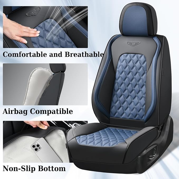 Coverado Car Seat Covers Front Seats, Sporty Non-Slip Waterproof Faux Leather Full Set with Rear Protectors for Trucks SUVs, Mens Automotive Interior – BlackBlue