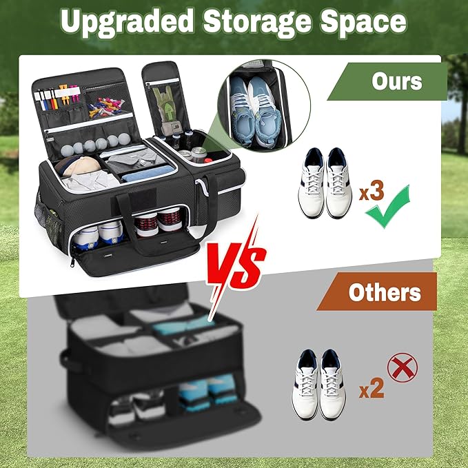 DSLEAF 2 Layer Golf Trunk Organizer, Golf Car Locker for Men & Women, Black | Reinforced Structure, Bottom Shoe Space for 2 Pair of Golf Shoes, Multiple Pockets for Balls, Tees and Gloves