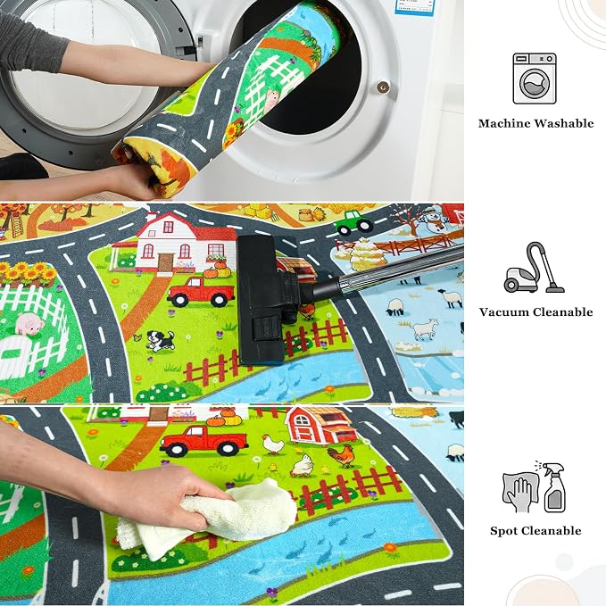 Kids Educational Rug, Town Country Barn Track Road Carpet Playmat with Non-Slip Backing, Play Mat for Roads Washable Rugs Four Seasons Theme Farm Scene Mat for Kids Room Bedroom Game Safe Area, 3'x4'