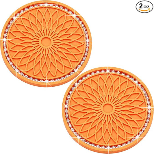 2PCS Bling Car Cup Holder Coasters, Bling Shockproof Cup Mat for Women Girls, Universal Fit for Most Vehicles (Orange & White)