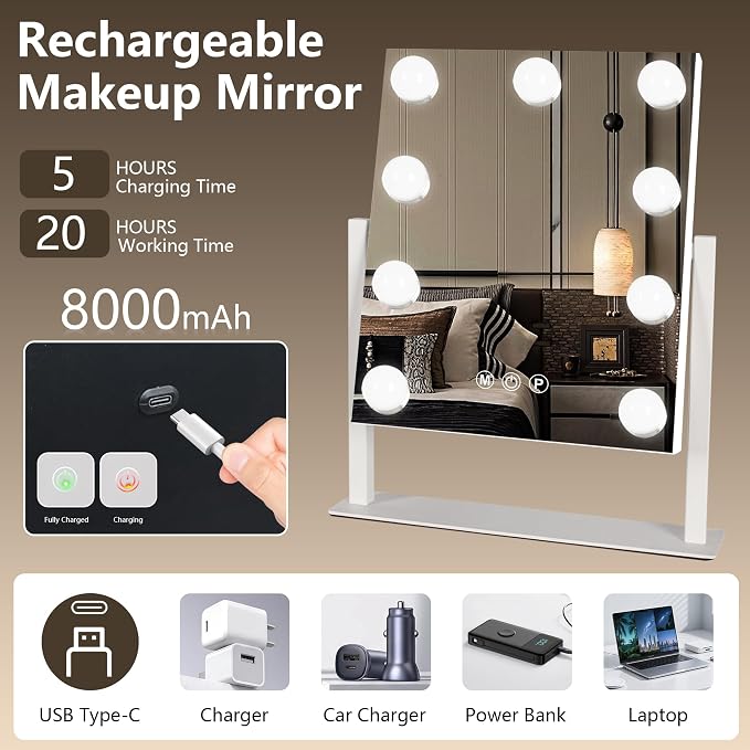 Ratsamee Rechargeable Hollywood Vanity Mirror with Lights, 14"×12" LED Makeup Mirror, Smart Touch Control, Makeup Mirror for Bedroom, Vanity Desk, Beauty Routine