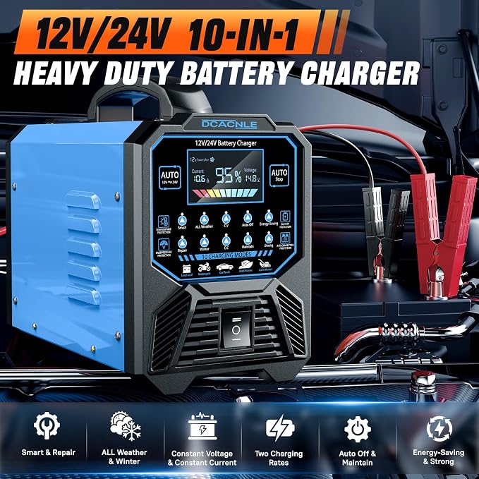 DCACNLE 12V/24V 0-15A Car Battery Charger Heavy Duty,Automatic Maintainer | Smart Trickle Charger,Desulfator with Overcharge Protection & Auto Shutoffs,Suitable for Various Vehicles&Lead Acid Batteries