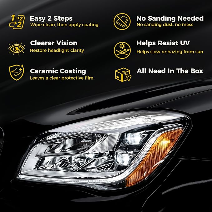 Ceramic Car Headlight Restoration Kit, No Sanding, Removes Yellowing and Cloudiness, Restores Clarity to Like New Look, No Power Tools Needed, Wipe Rinse Coat for Car Truck SUV