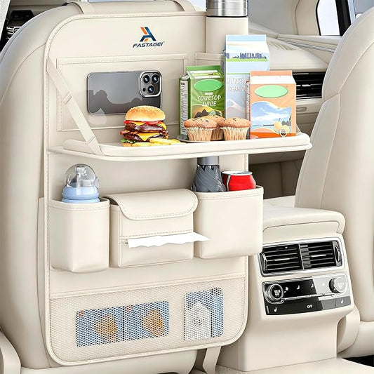 Universal Foldable Car Backseat Organizer with Table Tray, Car Seat Back Protector with Touch Screen Phone Holder, Premium Leather Kick Mats with Storage Pockets Tissue Holder (Beige)