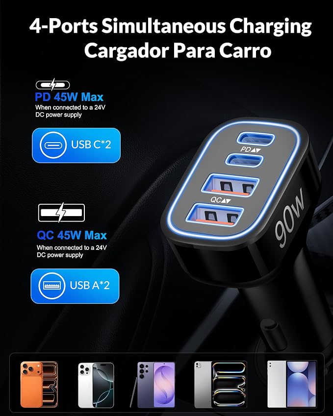 2-Pack USB C Car Charger 90W 4-Port Cigarette Lighter Adapter Accessories | PD/PPS/QC Super Fast Charging,12-24V USB Outlet,Multiport Car Phone Charger for iPhone/Galaxy/Tablet,Family Travel Essentials