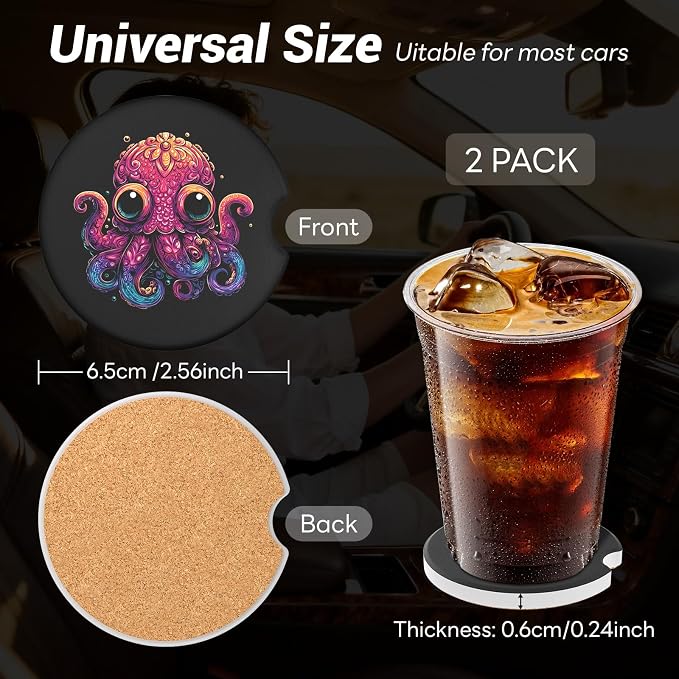 Car Cup Holder Ceramic Coasters 2 Pack, 2.56 in Anti Slip Absorbent Coaster with Cork Base and Finger Notch, Funny Cute Car Accessories Interior for Women, Octopus