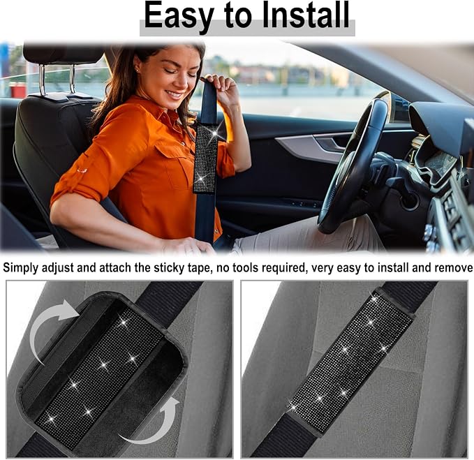 ecocstm 2 PCS Bling Car Seat Belt Shoulder Pads, Bling Seat Belt Covers with Bling Rhinestones, Car Accessories Seatbelt Strap Pad with Crystal Diamond for Car, Truck, SUV (Black Diamond)