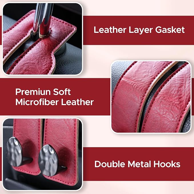 Leather Car Purse Hook for Headrest, 2 Pack (Red-Black) | Twin Hooks Headrest Hangers, 2/4 Pack, No-Slip, Scratch-Proof, Holds Purses, Backpacks, Grocery Bags, Car Organizer Gift