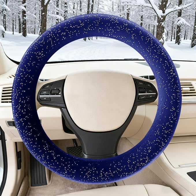 Blue Bling Starry Sky Furry Steering Wheel Cover, Universal 14.5-15 Inch Winter Plush Warm Steering Wheel Cover, Soft Fluffy, Anti-Slip Design, Soft Texture