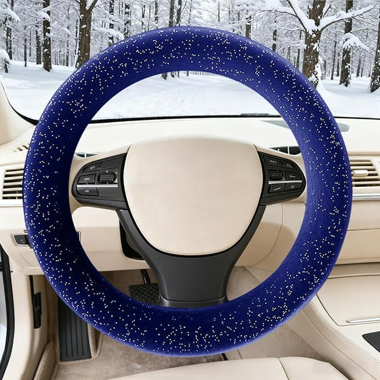 Blue Bling Starry Sky Furry Steering Wheel Cover, Universal 14.5-15 Inch Winter Plush Warm Steering Wheel Cover, Soft Fluffy, Anti-Slip Design, Soft Texture