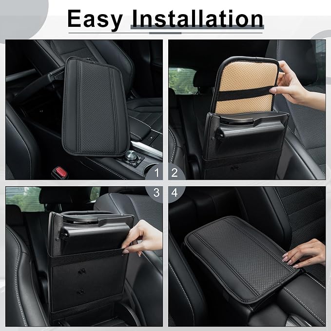 Amiss Car Center Console Cover, Upgraded Leather Car Armrest Cushion, Universal Waterproof Cushion Pad, Non-Slip Car Interior Accessories, Fits Most Sedans SUVs Trucks (Black Line)