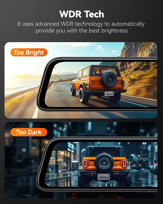 WOLFBOX G840S 12" 4K Mirror Dash Cam Backup Camera, 5.8GHz WiFi Smart Rearview Mirror for Cars & Trucks, Front and Rear View Dual Cameras, Night Vision, Parking Assistance, Included 32GB Card & GPS