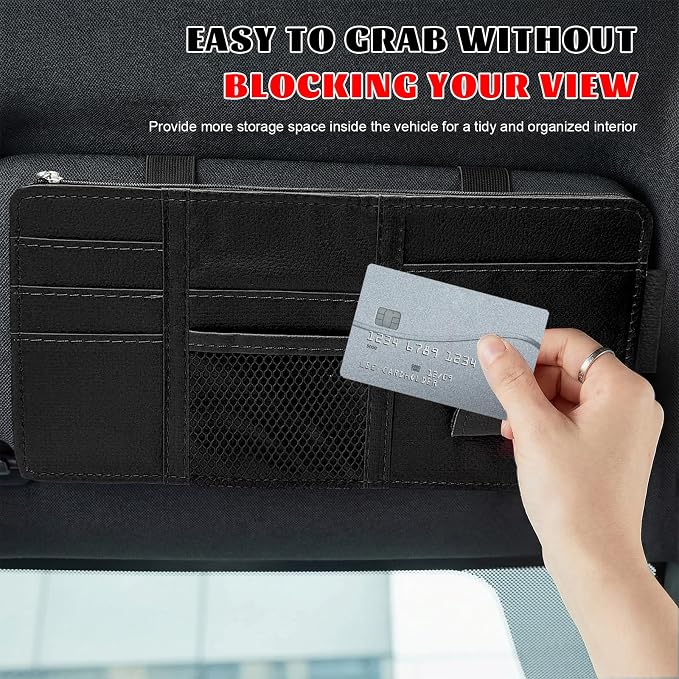 Car Sun Visor Organizer, Multifunctional Auto Visor Storage Bag with Net Pocket & Eyeglass Clamp, Waterproof Multi-Pocket Storage Pouch Ticket Organizer for Car Sun Visors (Black)