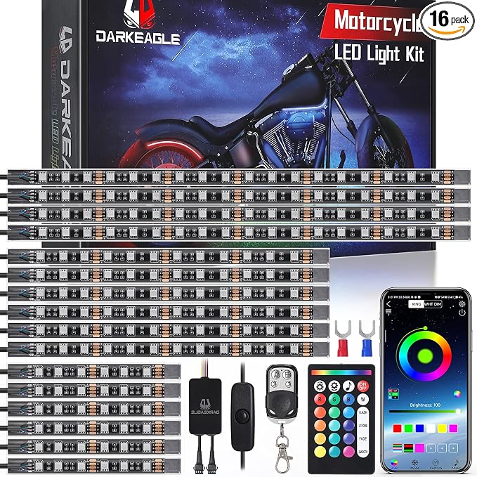 16PCS Motorcycle RGB LED Light Kits with Brake Turn Signal, Underglow Lights with APP/RF Remote Dual Zone,Multicolor Neon Strip Accent Lights Waterproof 12V for Cruiser, Touring & Adventure Motorcycle