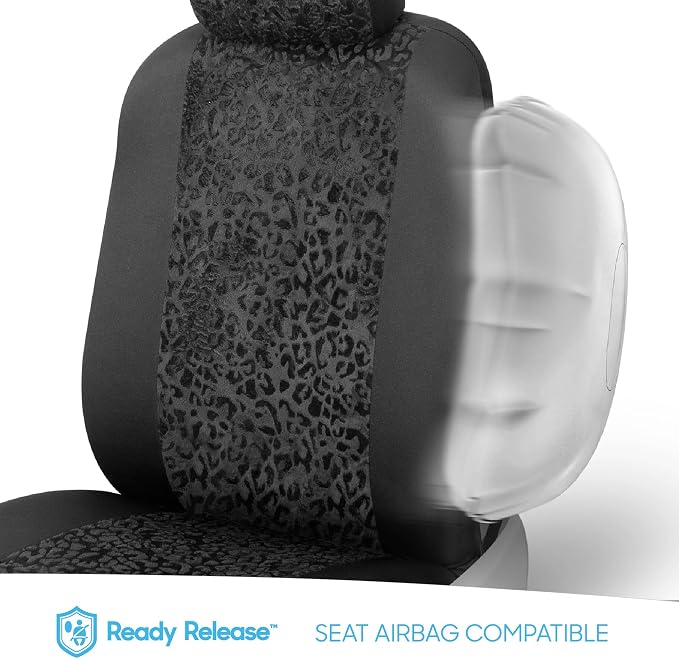 BDK Black Leopard Car Seat Covers for Front Seats, Animal Print Front Seat Cover Set with Matching Headrest, Sideless Design for Easy Installation, Fits Most Car Truck Van and SUV, (Pack of 2)