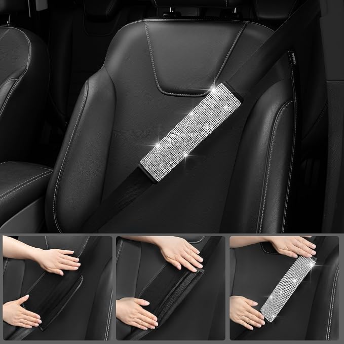 CAR PASS Leather Bling Seat Covers Full Sets 16 pcs, Bling Diamond Car Accessories Set for Women, Sparkly Rhinestone Steering Wheel Cover, Glitter Cute Car Interior Sets for Women Girl, Silver Diamond