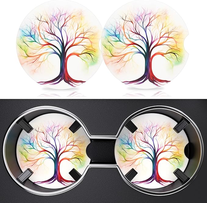 2 Pack Cup Holder Coaster, 2.63inch Anti Slip Insert Absorbent Ceramic Coaster With Cork Base and Finger Notch, Cute Car Accessories Interior for Women (Tree)