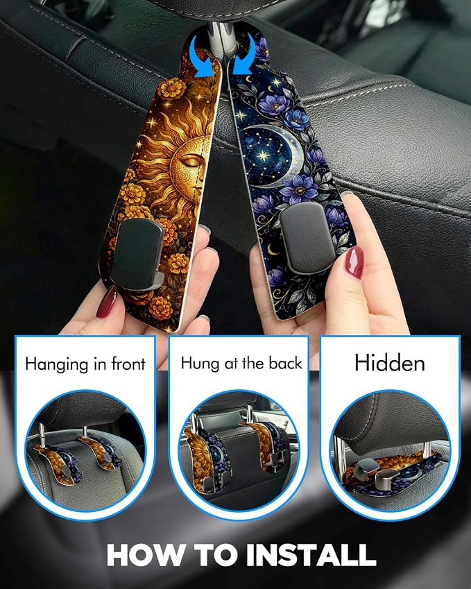 WOCOCN Purse Holder for Car, 2 Pack Heavy Duty Purse Hanger for Car, PU Leather Car Seat Hooks for Purses and Bags, Cute Sun Moon Headrest Organizer for Handbags & Backpacks
