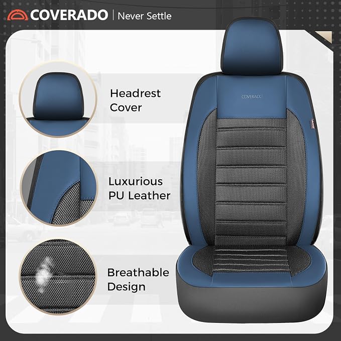 Coverado Car Seat Covers Front Seats, Luxury Leather Car Seat Covers, Automotive Mesh Seat Covers 2 Pack, Airbag-Compatible, Black Blue Seat Covers for SUV Sedan Truck