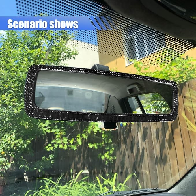 Bling Car Rear View Mirror, Clip-On Rhinestone Car Rearview Mirror with Crystal Diamonds, HD Glass Auto Interior Rear View Mirror, Car Decoration Accessories for Women Men Teens (Black)