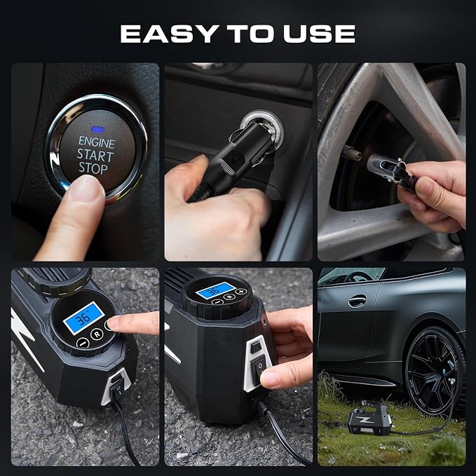 FADAKWALT Tire Inflator Portable Air Compressor, 12V DC Car Air Pump with Auto Shutoff, 150 PSI Digital Gauge, LED Light, Metal Valve Connector, Accessories for Cars, Large, Sliver