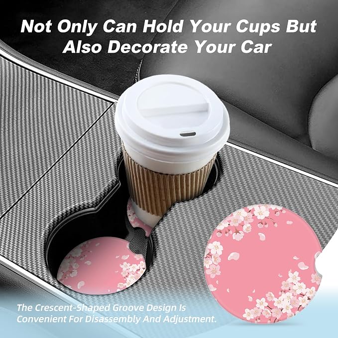 Pink Cherry Blossom Car Coasters for Cup Holders,2 Pack Car Cup Holder Coasters for Car,Ceramic Absorbent Car Coaster with A Finger Notch and Cork Base,Car Interior Accessories for Women Men