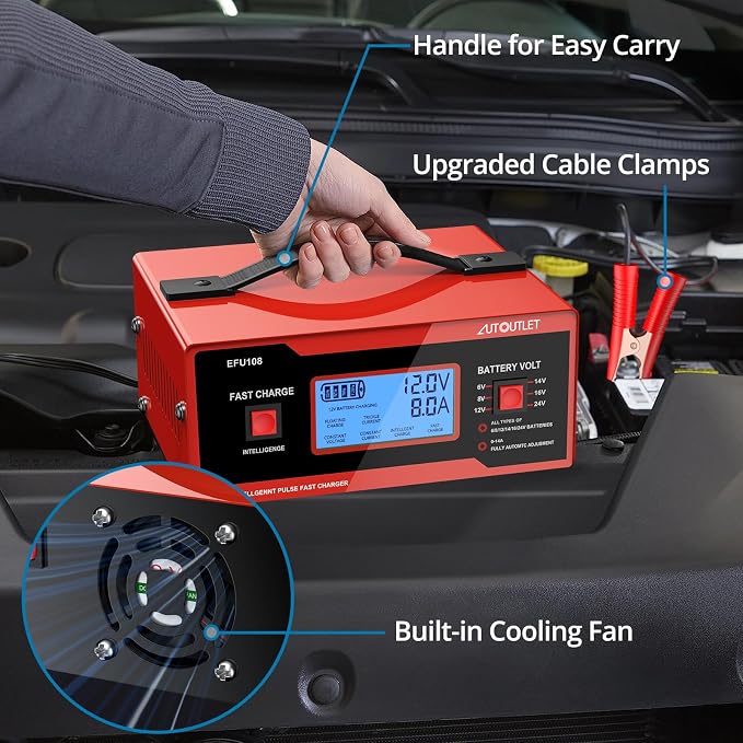AUTOUTLET Upgraded 8 Volt Battery Charger for Golf Cart Automotive Battery Charger and Maintainer 0-14A with Cable Clamps for 6/8/12/14/16/24V Lead-Acid Batteries