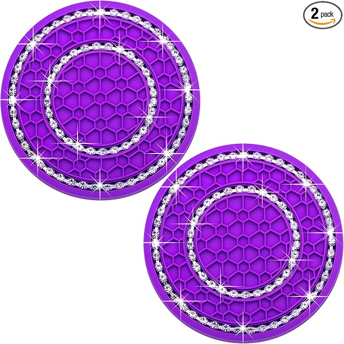 2PCS Bling Crystal Rhinestone Cup Holder Coaster, 2.75 inch Soft Silicone Anti-Slip Shockproof, Car Cup Holder Insert Coasters, Universal Car Interior Accessories for Women (Purple & White)