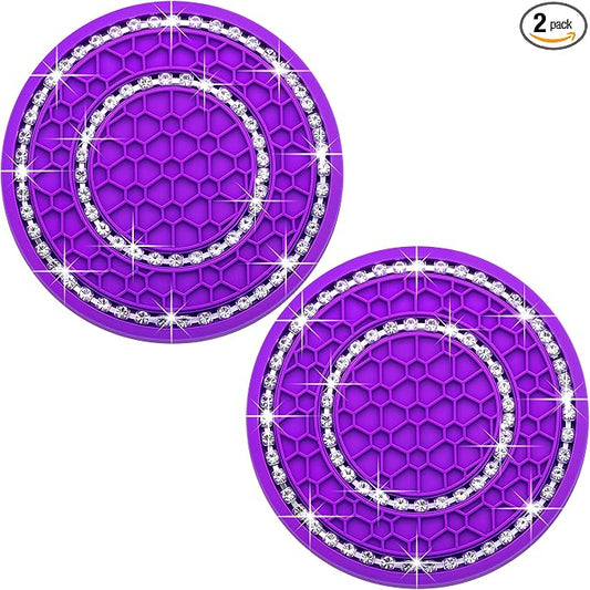 2PCS Bling Crystal Rhinestone Cup Holder Coaster, 2.75 inch Soft Silicone Anti-Slip Shockproof, Car Cup Holder Insert Coasters, Universal Car Interior Accessories for Women (Purple & White)
