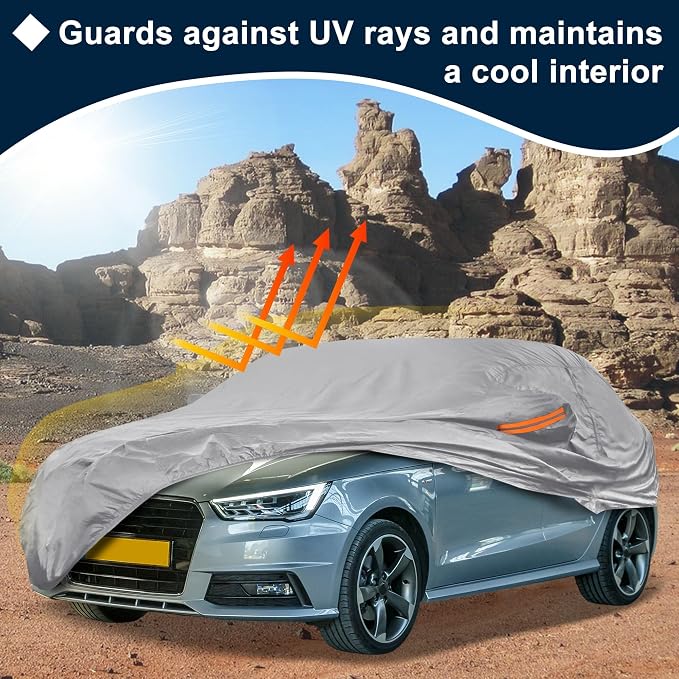 Silver Tone Heavy Duty Waterproof Car Cover for Sedan 169"-175" - All-Weather UV Protected Outdoor Full Exterior Cover with Sun/Snow/Rain Resistance