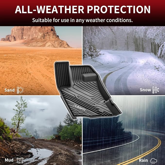 LASFIT Floor Mats Fit for Ford Ranger 2020-2023 SuperCrew Cab, All Weather TPE Truck Liners, Front and Rear Row Set, Black