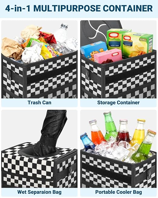 Capolo Car Trash Can with Lid, Leakproof Car Trash Bag Hanging Waterproof Automotive Garbage Can with Storage Pockets Mini Vehicle Trash Bin for Back/Front Seat(Black Square Grid,2.5 Gallon)