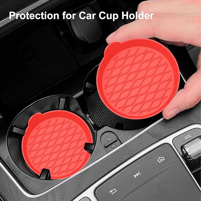 4PCS Car Cup Holder Coasters, Universal Silicone Non-Slip Insert Cup Coasters, Soft Wave Pattern Cup Holders, Car Interior Accessories for SUV, Truck, RV (Red)