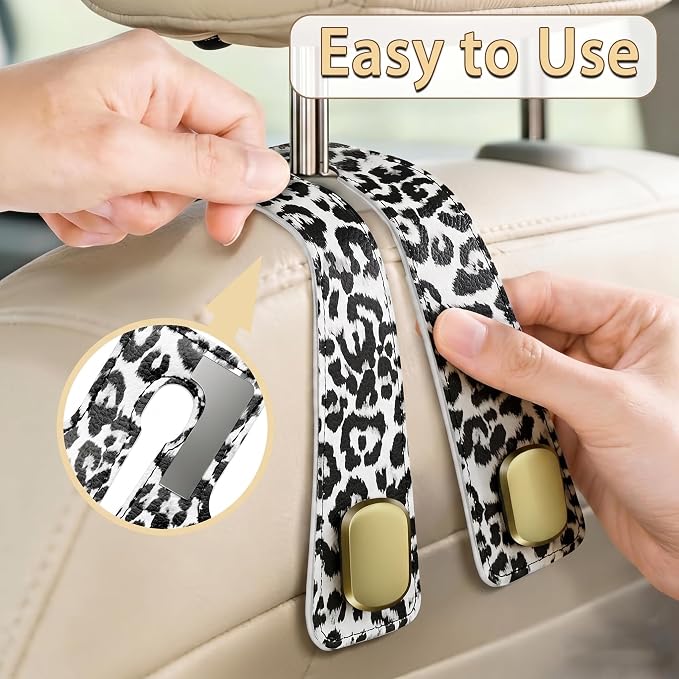 Car Hooks for Headrest: 2Pcs Car Headrest Hook with Leopard Leather | With Double Metal Hooks - Purse Hook For Car - Car Headrest Hooks - Car Bag Hooks for Purses, Handbags, Bags - White Leopard