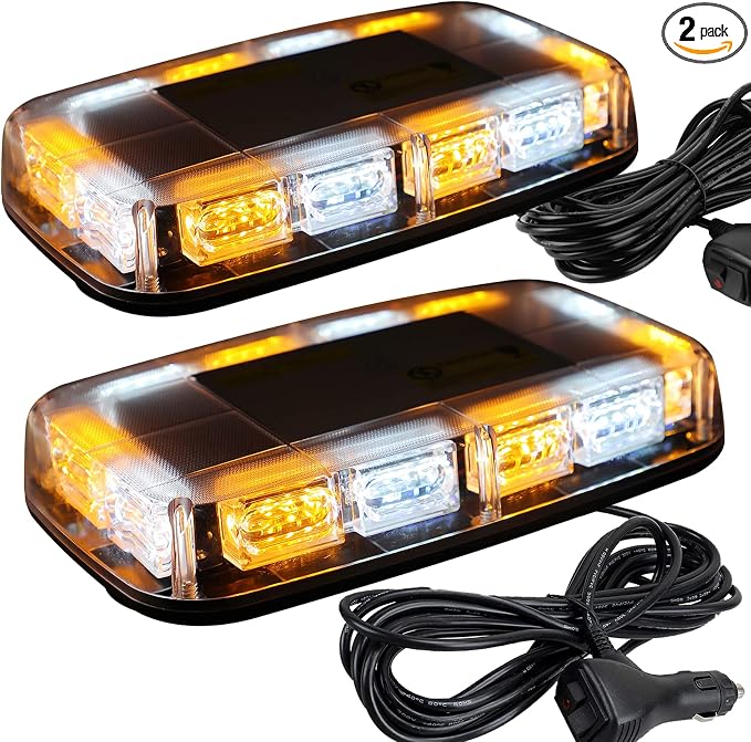 ASPL 2pcs 48LED Roof Top Strobe Lights, High Visibility Emergency Safety Warning LED Mini Strobe Light bar with Magnetic Base for 12-24V Snow Plow, Trucks, Construction Vehicles (Amber/White)