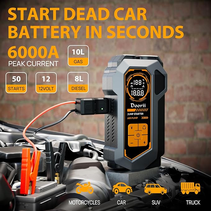 6000A Jump Starter with Air Compressor, 10-in-1 Car Jumper Starter Portable, 150PSI Tire Inflator/Air Pump, LED Flashlight for Up to 10.0L Gas / 8.0L Diesel Engines