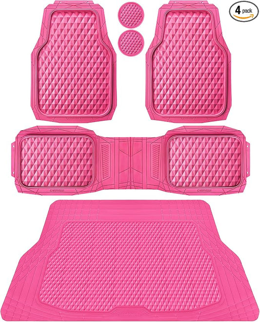CAR PASS Heavy Duty Rubber Hot Pink Car Floor Mats & Cargo Liners, Deep Dish All-Weather Trunk Mats Durable Anti-Slip 3D Rhombus Waterproof Trim to Fit Liner Universal Fit Auto,Sedan,SUV,Truck, Pink