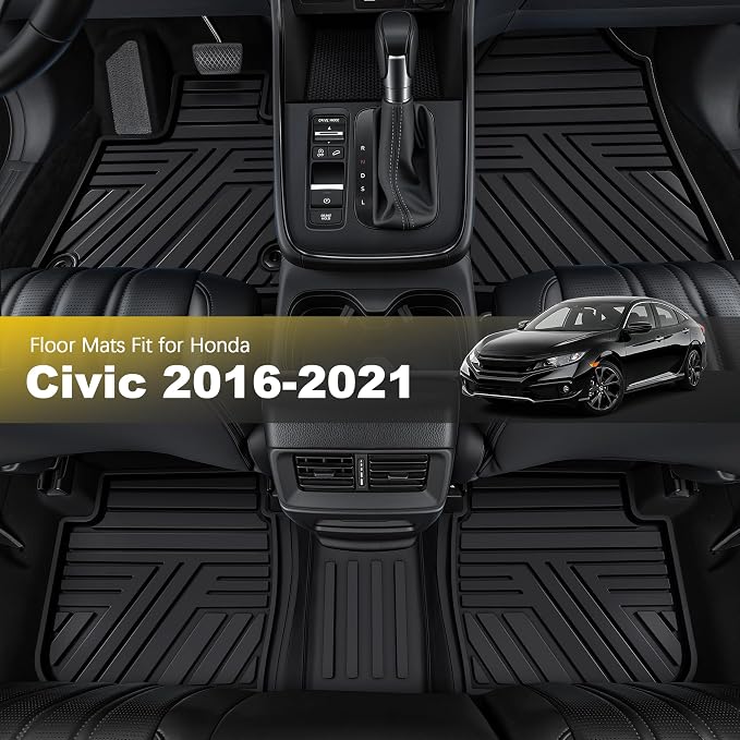 Rubber Floor Mats for Honda Civic Sedan 2016-2021 | All Weather Heavy Duty Car Mats Also Fit for Hatchback 2017-2021 & Coupe 2016-2020, 1st & 2nd Row, Black