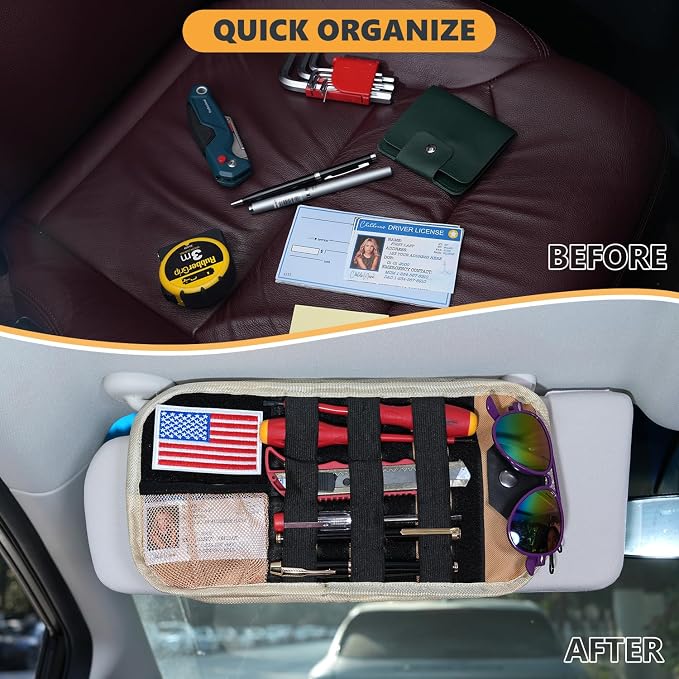 GNEGNI Tactical Car Sun Visor Organizer - Rigid MOLLE Panel Vehicle Storage Pouch with 3 Straps - Car Interior Document and Tool Holder for Truck, SUV, Jeep (13" x 7") (Khaki)