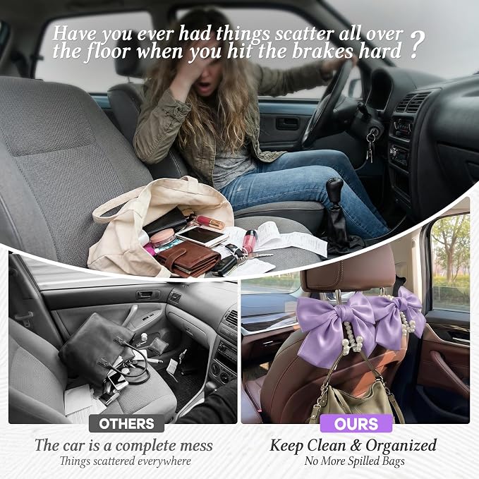 2PCS Satin Bow Pearl Car Seat Headrest Hooks – Car Bag Holder & Vehicle Hanger for Purses – Cute Coquette Aesthetic Interior Decoration – Cute Auto Organizer Accessories Universal (Lavender Purple)