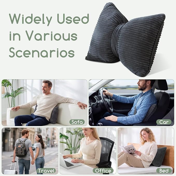 HIGOGOGO Lumbar Support Pillow for Recliner Chair, Bow Knot Shaped Back Support Cushion, Striped Corduroy Soft Decorative Lumbar Pillow for Office Chair, Sofa, Car, Bed, Living Room - Dark Grey