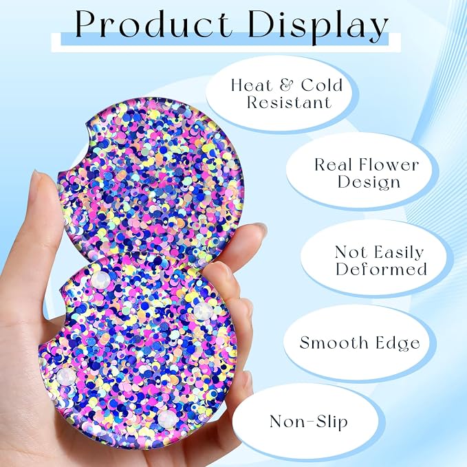 Swooflia Flower Car Cup Holder Coasters for Women - 2.75 Inch Cute Resin Clear Automotive Drink Cupholder Insert Car Accessories 2 Pack Bling Color
