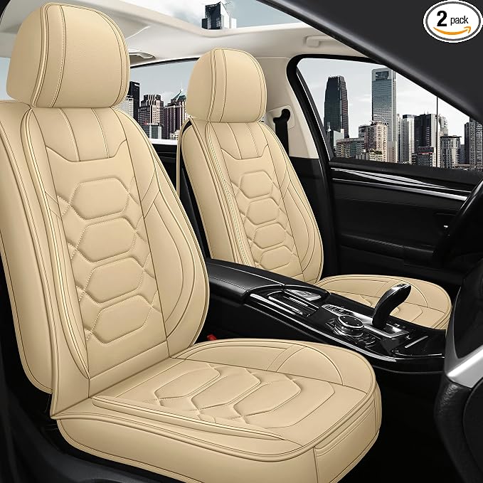 Pariitadin Leather Car Seat Covers Front Pair, Waterproof Breathable Faux Leather Automotive Seat Covers for Cars, Non-Slip Car Interior Covers Universal Fit Most Cars Sedans Trucks SUVs, Beige
