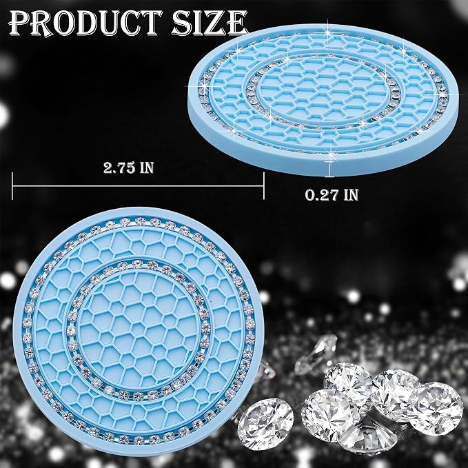 4PCS Bling Crystal Rhinestone Cup Holder Coaster, 2.75 inch Soft Silicone Anti-Slip Shockproof, Car Cup Holder Insert Coasters, Universal Car Interior Accessories for Women (Light Blue & White)
