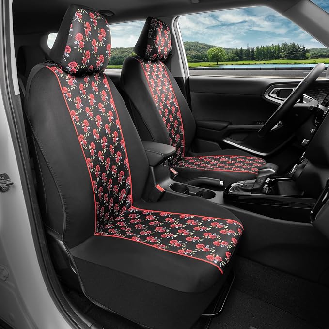 BDK Red Rose Car Seat Covers for Front Seats, 2 Pack – Flower Pattern Front Seat Cover Set with Matching Headrest, Sideless Design for Easy Installation, Fits Most Car Truck Van and SUV