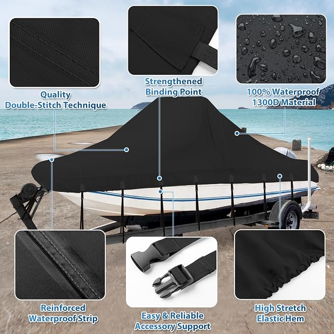 Solim Center Console Boat Cover, 16'-18.5' 1300D Waterproof PU Heavy Duty Trailerable Boat Cover for Center Console Boat, Marine Grade Oxford UV Resistant Polyester Canvas with Tie Down Strap, Black