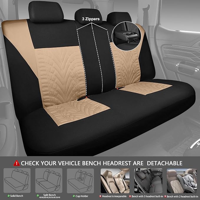CAR PASS Car Seat Covers Full Sets, Front & Split Rear Bench for Car, 3D Tyre Embossed Automotive Interior Covers, Airbag Compatible, Quick Setup Universal Fit Seat Covers for Car, SUV(Black Beige)