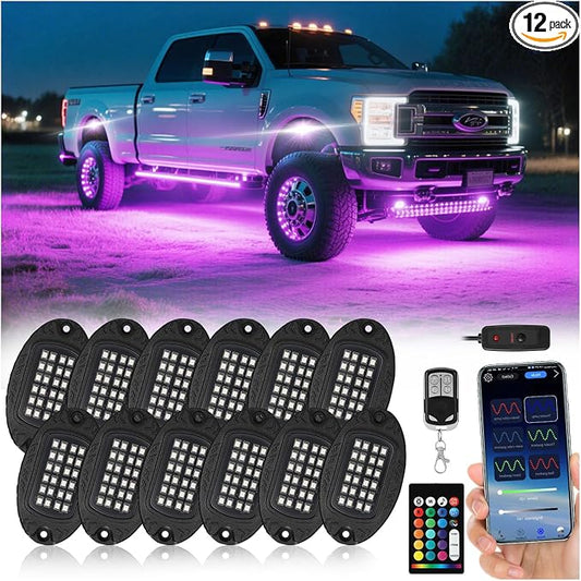 12 Pods Segmented Alloy RGB LED Rock Lights for Trucks Jeeps Golf Cart Offroad ATV UTV SXS, Waterproof Shockproof Metal Underglow Kit with APP/RF Control Sync Music Multicolor Underbody Fender Light